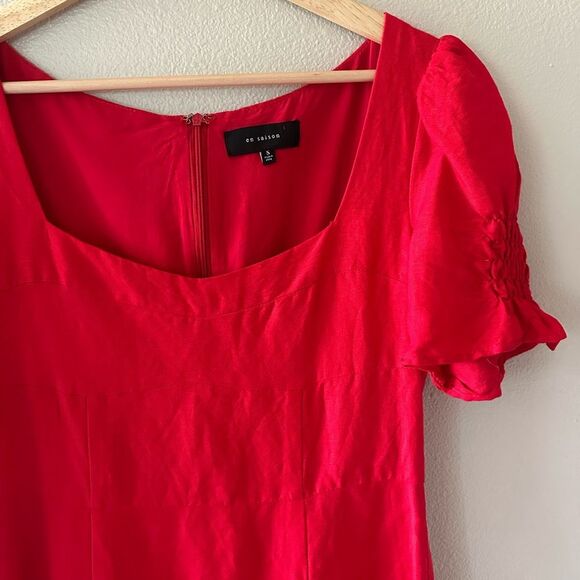 En Saison Classic Red Short Sleeve Midi Dress Linen Blend Semi Formal Sheath S - Picture 2 of 9